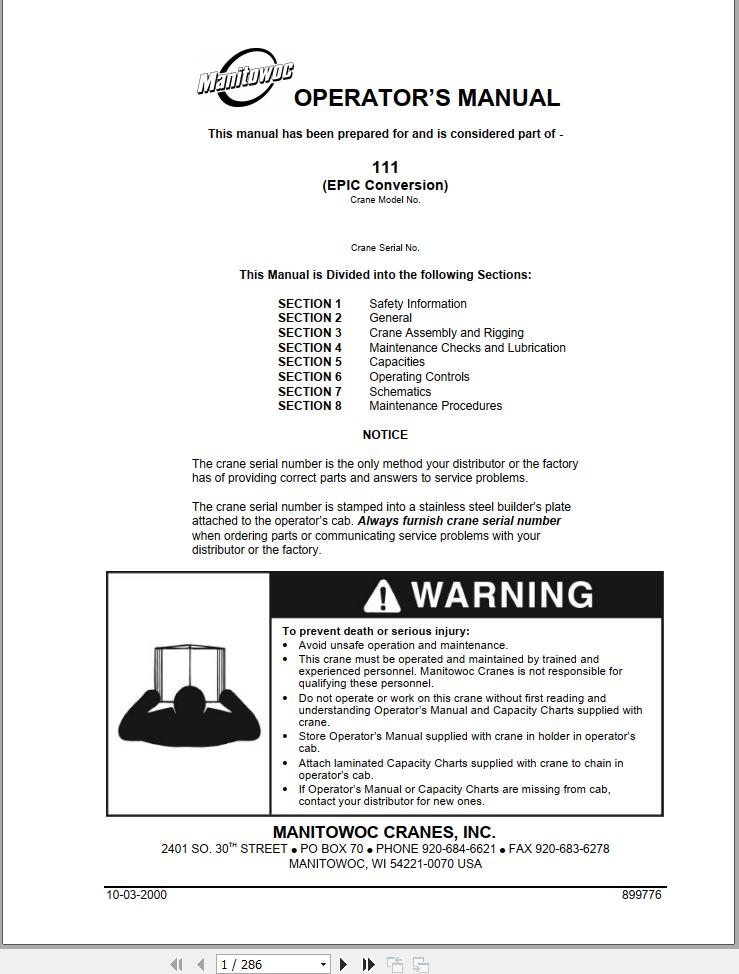 Manitowoc Crane 111 Operators Manual