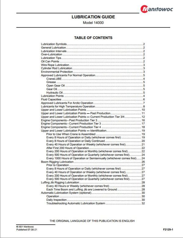 Manitowoc Crane 14000 Lubrication Guide 2021