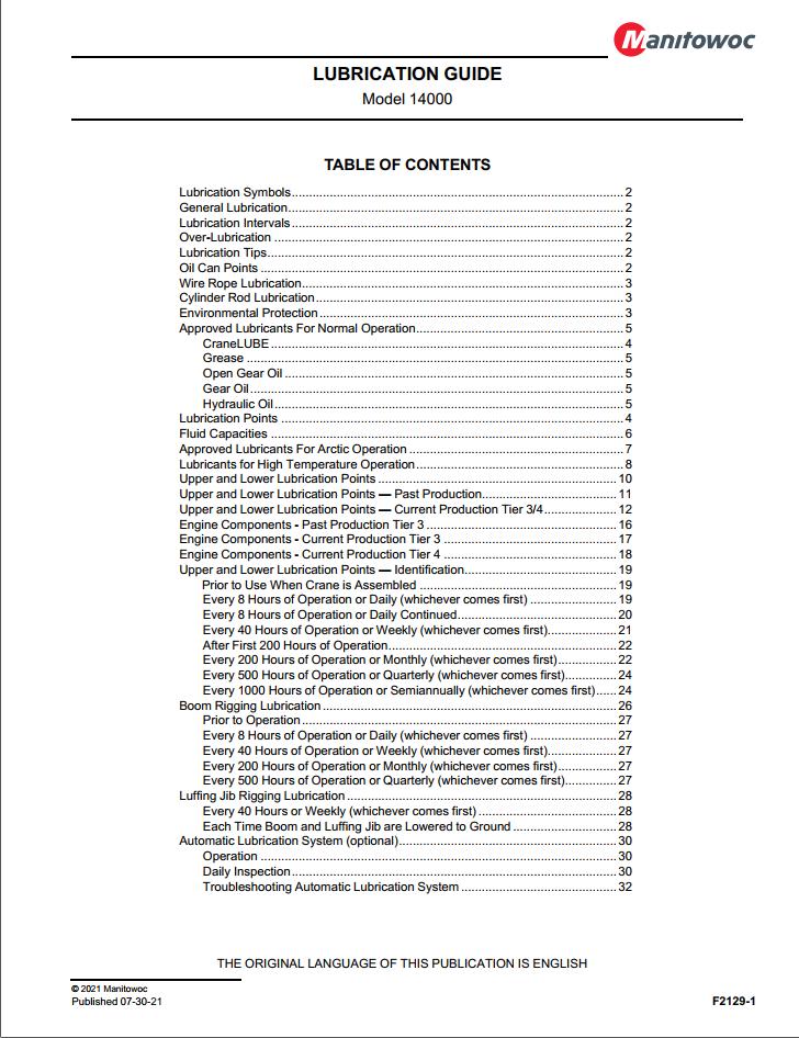 Manitowoc Crane 14000 Lubrication Guide 2021