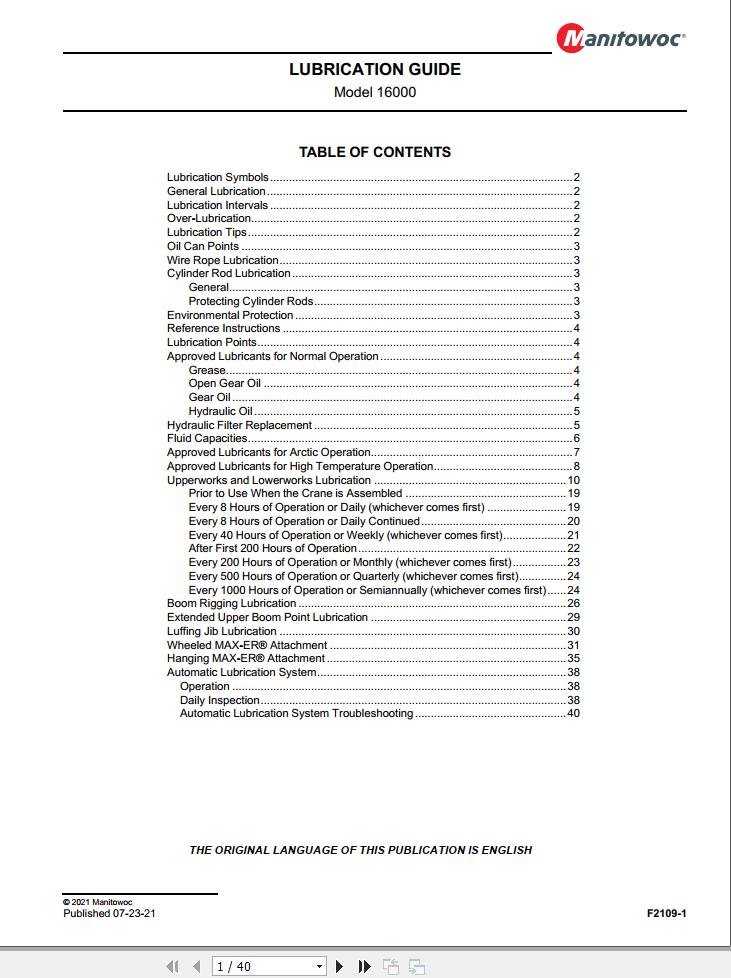 Manitowoc Crane 16000 Lubrication Guide 2021