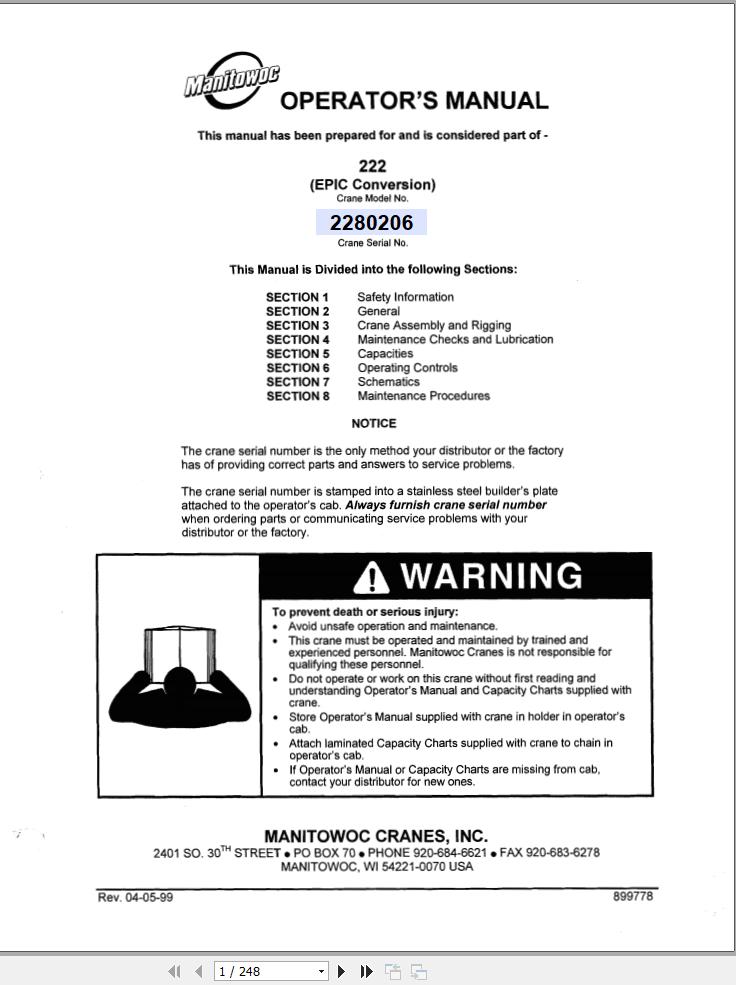 Manitowoc Crane 222 Operators Manual