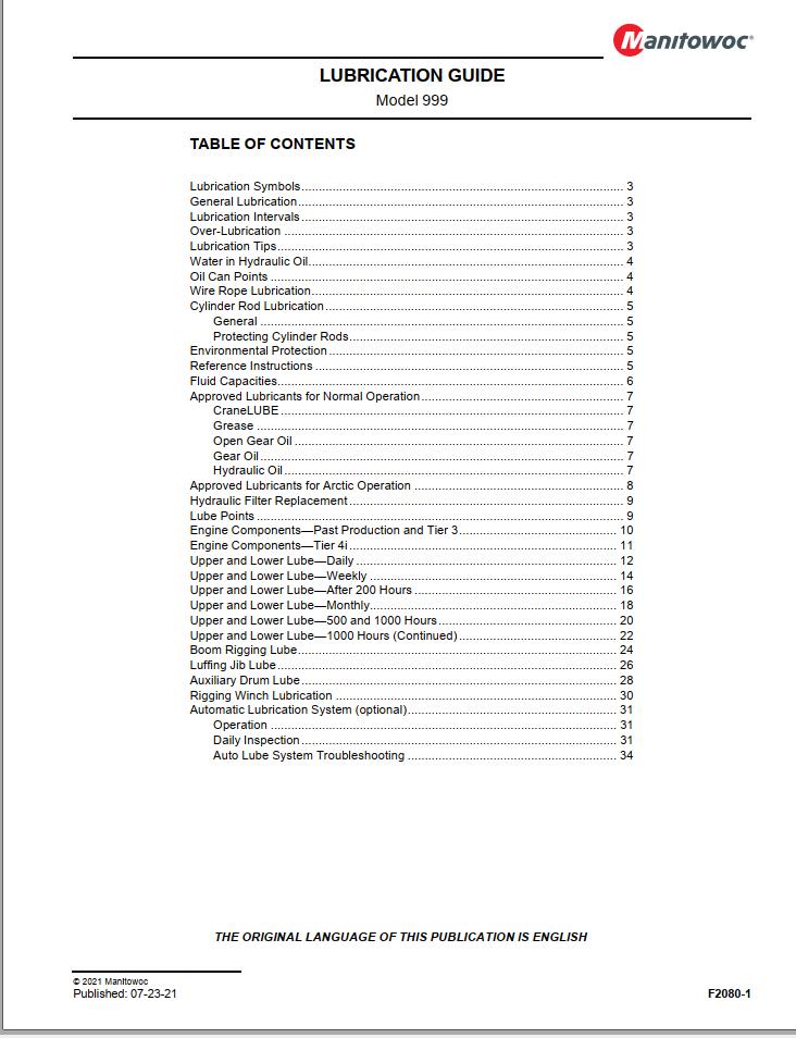 Manitowoc Crane 999 Lubrication Guide 2021