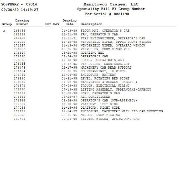 Manitowoc Crane M 50W to 888 Parts Manual Group A