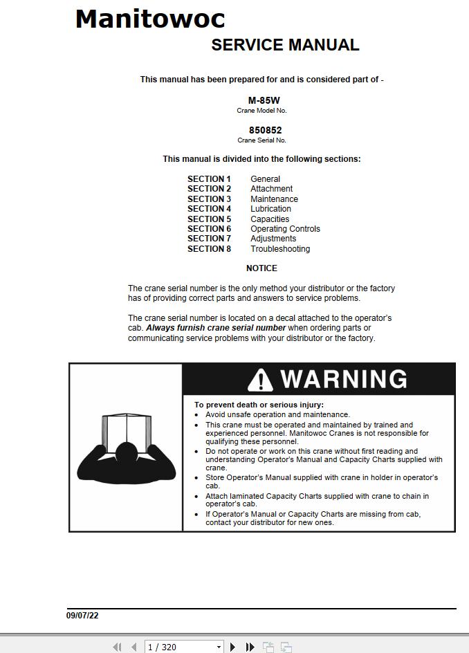 Manitowoc Crane M 85W Service Manual