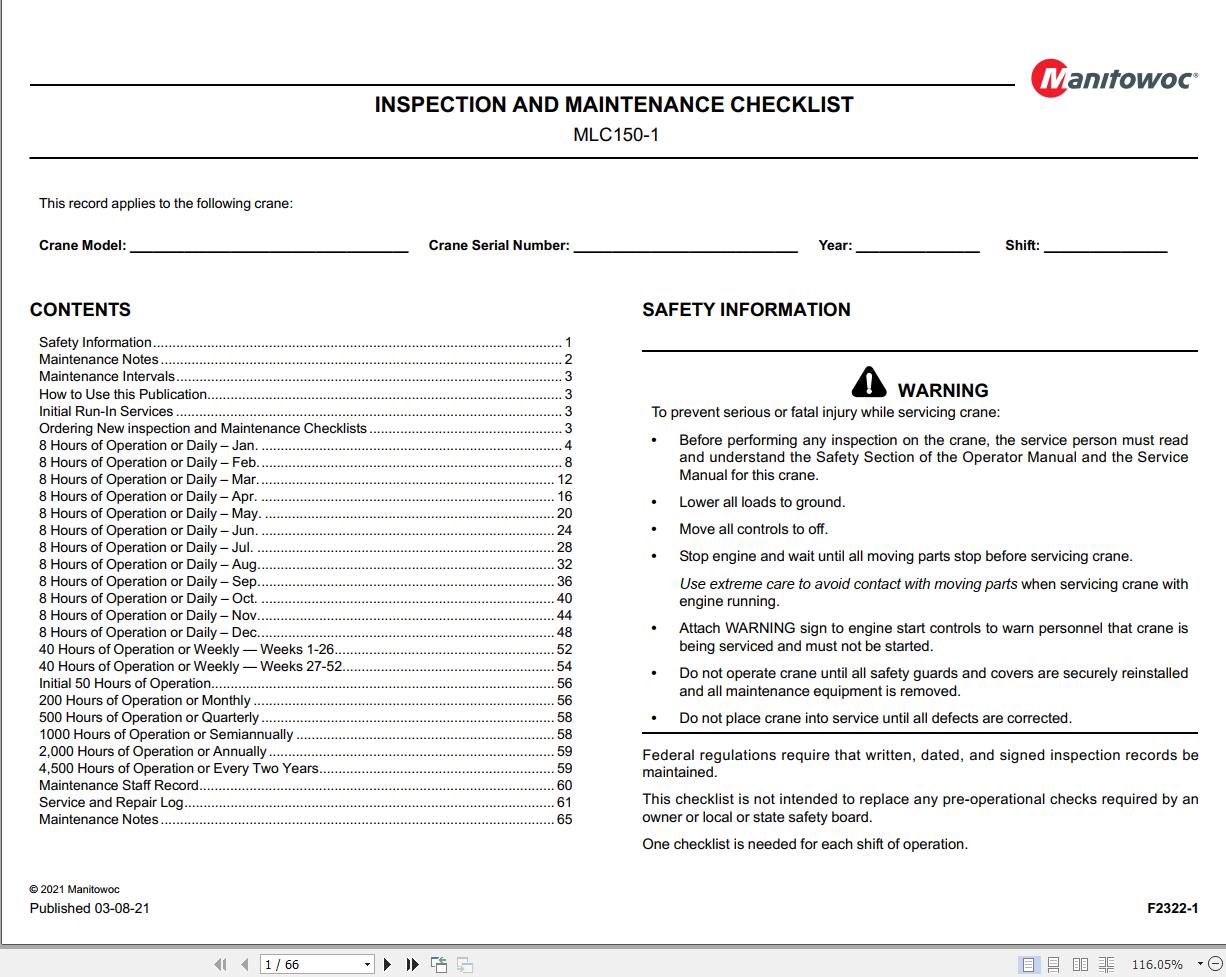 Manitowoc Crane MLC150 1 Inspection Maintenance Checklist 2021 1