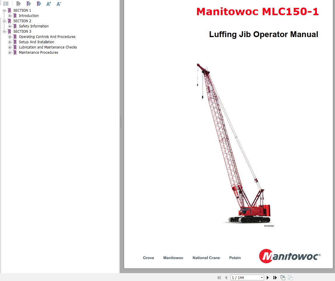 Manitowoc Crane MLC150 1 Luffing Jib Operator Manual 2022