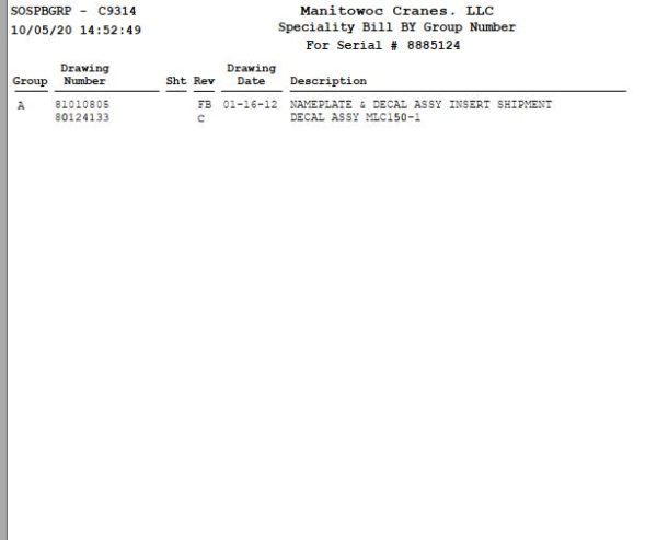 Manitowoc Crane MLC150 1 Parts Manual Group A 8885124