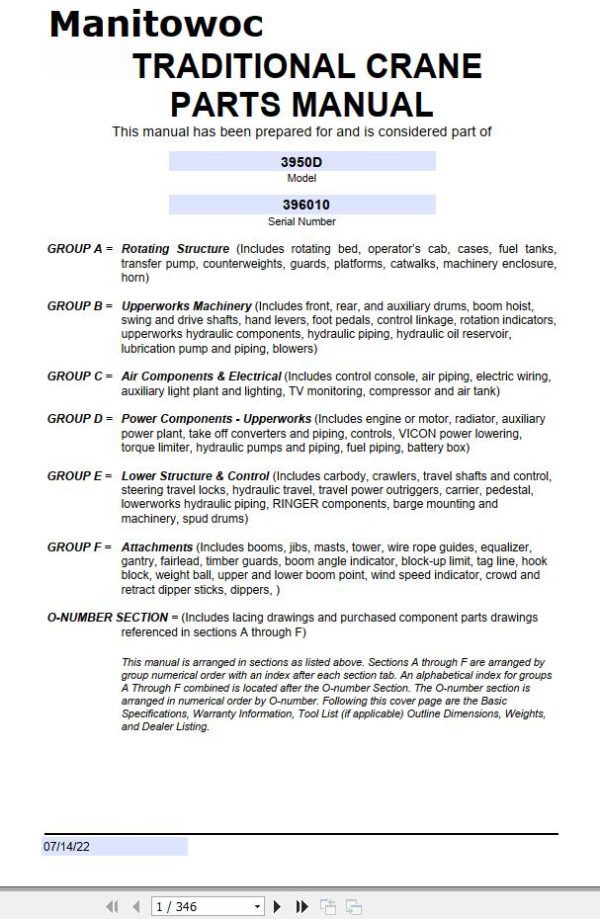 Manitowoc Traditional Crane 3950D Parts Manual 2022