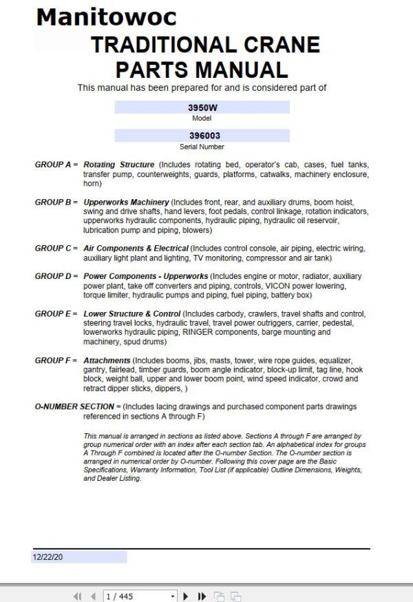 Manitowoc Traditional Crane 3950W Parts Manual
