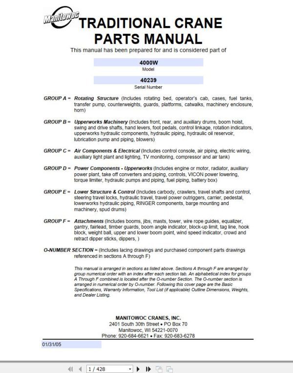 Manitowoc Traditional Crane 4000W Parts Manual