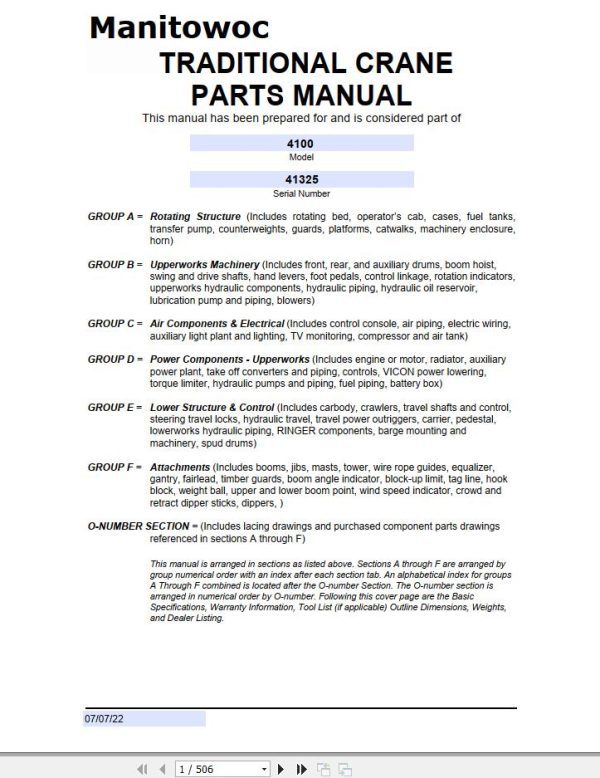 Manitowoc Traditional Crane 4100 Parts Manual