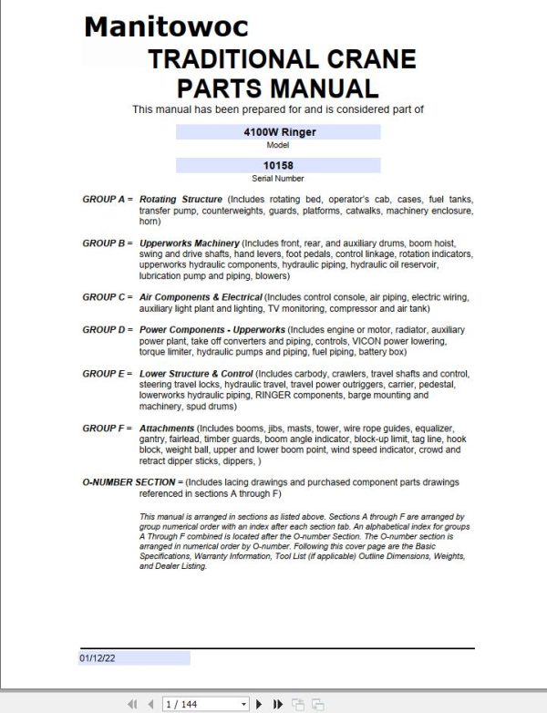 Manitowoc Traditional Crane 4100W RINGER Parts Manual