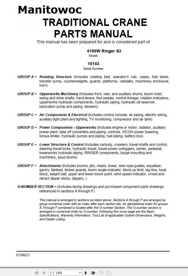 Manitowoc Traditional Crane 4100W Ringer S3 Parts Manual