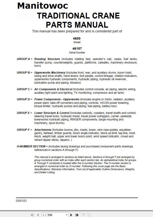 Manitowoc Traditional Crane 4600 Parts Manual