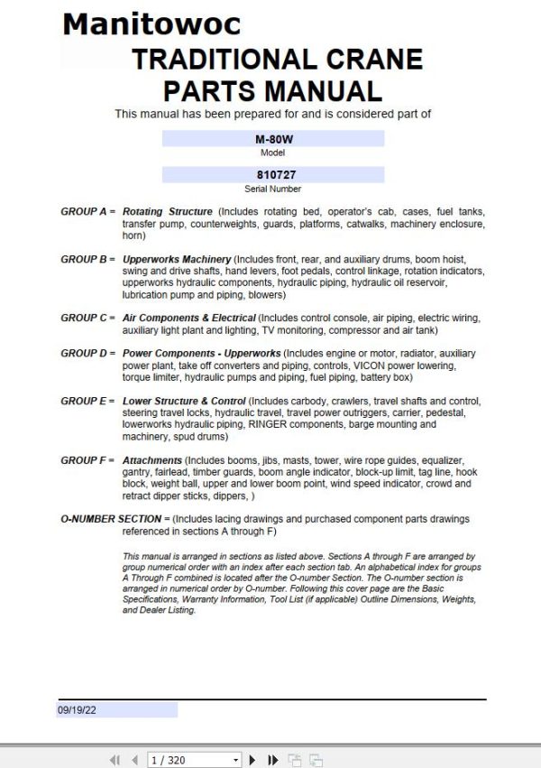 Manitowoc Traditional Crane M 80W Parts Manual 810727 2022