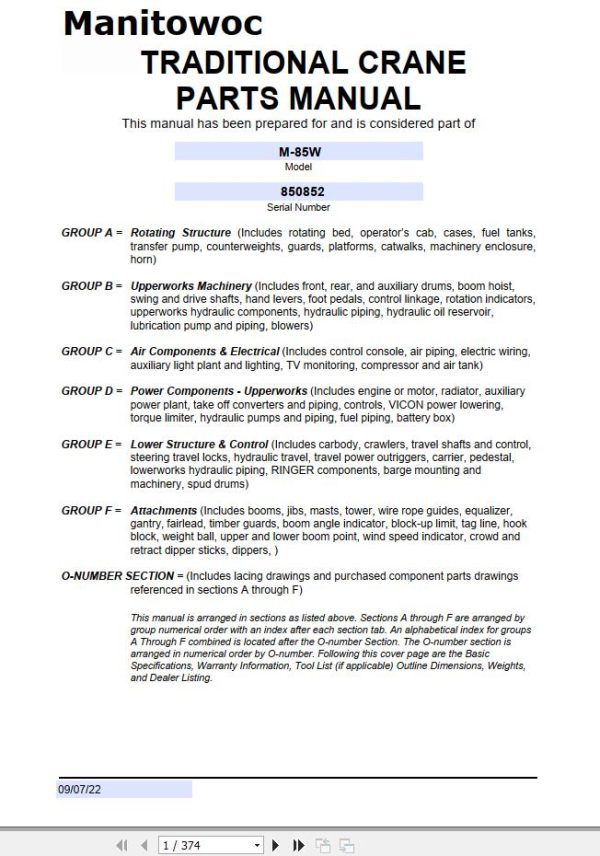 Manitowoc Traditional Crane M 85W Parts Manual 850852 2022