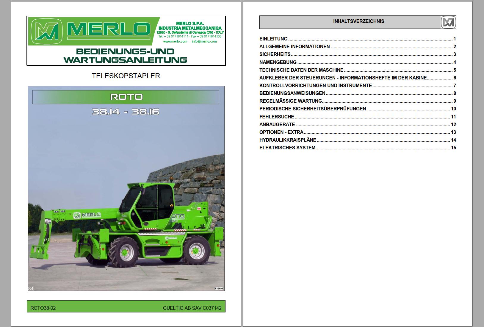 Merlo ROTO SM 400° R38.14 to R50.10S Service Manuals SAV C037142 DE