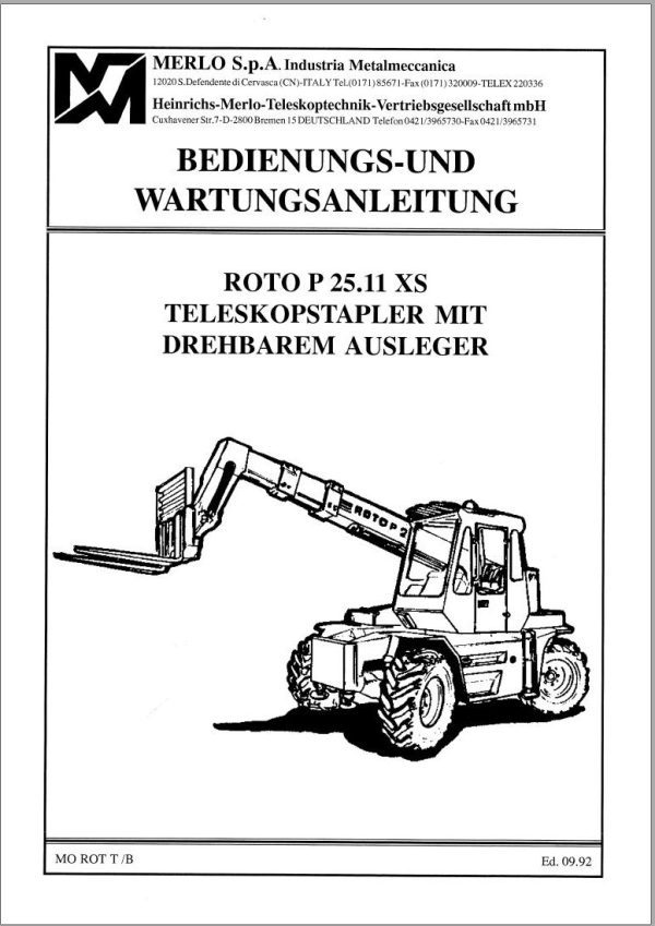 Merlo ROTO XS R30.13 Parts Service Manual Hydraulic Electrical Diagram DE 1