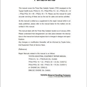 Toyota 3 Way Catalytic System 7FGU15 to 7FGCU70 Repair Manual 2004 to Present