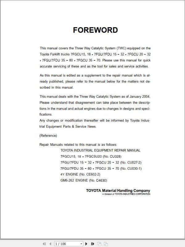 Toyota 3 Way Catalytic System 7FGU15 to 7FGCU70 Repair Manual 2004 to Present