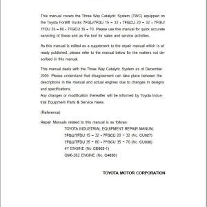 Toyota 3 Way Catalytic System 7FGU15 to 7FGCU70 Repair Manual