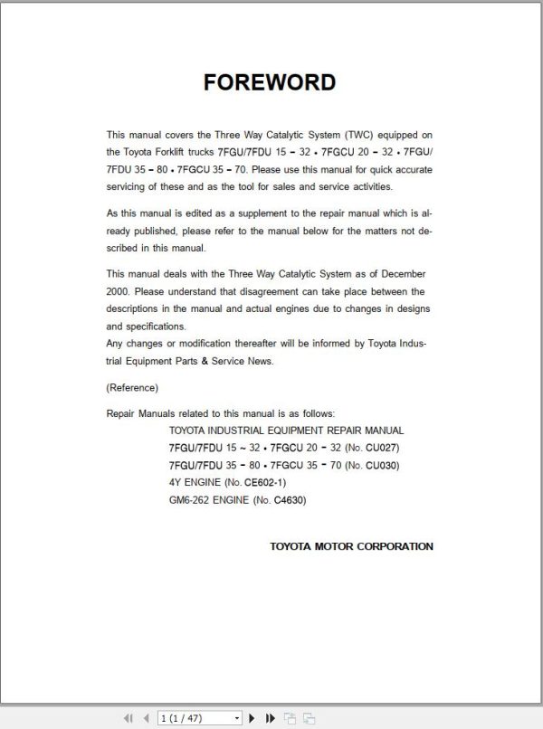 Toyota 3 Way Catalytic System 7FGU15 to 7FGCU70 Repair Manual