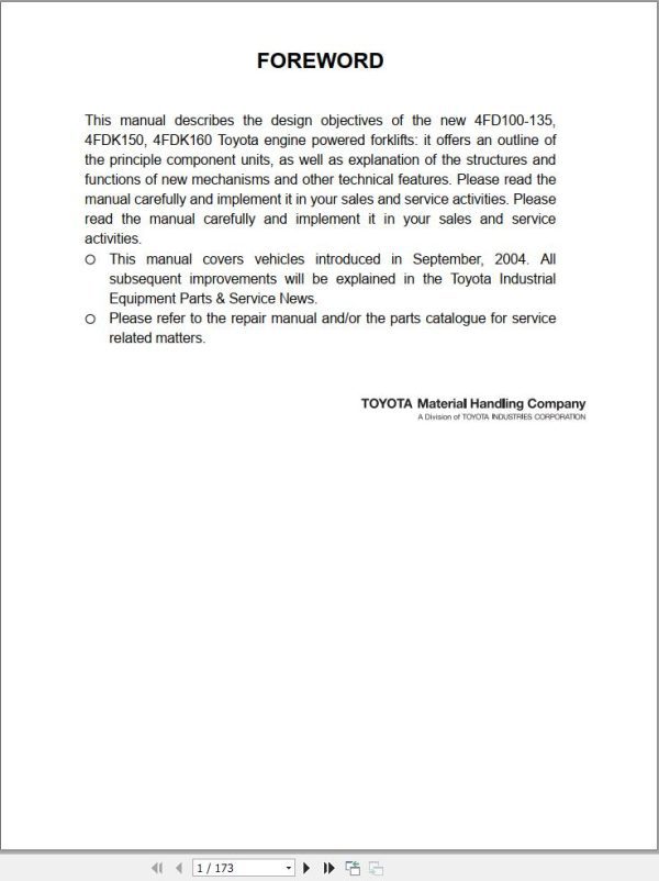 Toyota Engine Powered Forklift 4FD100 to 4FD135 4FDK150 4FDK160 Repair Manual