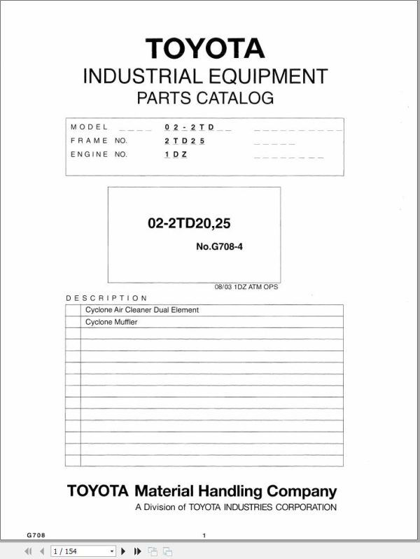 Toyota Forklift 02 2TD20 02 2TD25 Parts Catalog EN DE FR ES