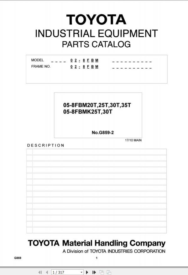 Toyota Forklift 05 8FBM20T to 05 8FBMK30T Parts Catalog EN DE FR ES