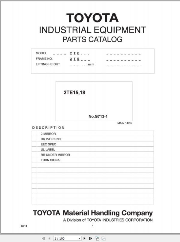Toyota Forklift 2TE15 2TE18 Parts Catalog EN FR DE ES