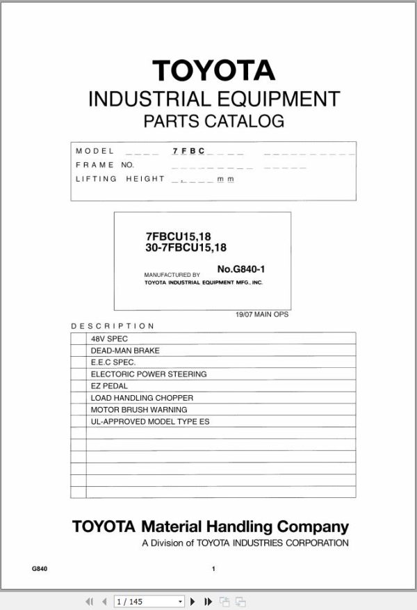 Toyota Forklift 30 7FBCU15 30 7FBCU18 7FBCU15 7FBCU18 Parts Catalog EN DE FR ES