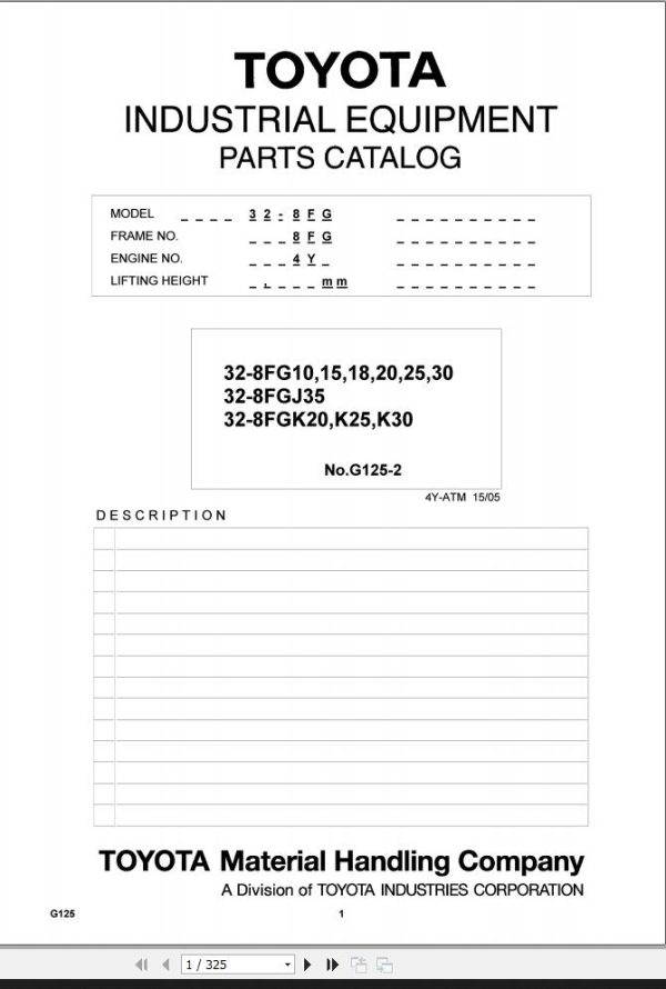 Toyota Forklift 32 8FG10 to 32 8FGK30 Parts Catalog EN DE ES FR