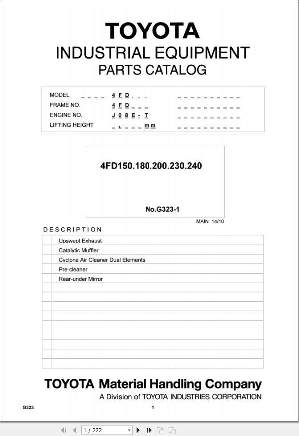 Toyota Forklift 4FD150 to 4FD240 Parts Catalog EN DE FR ES