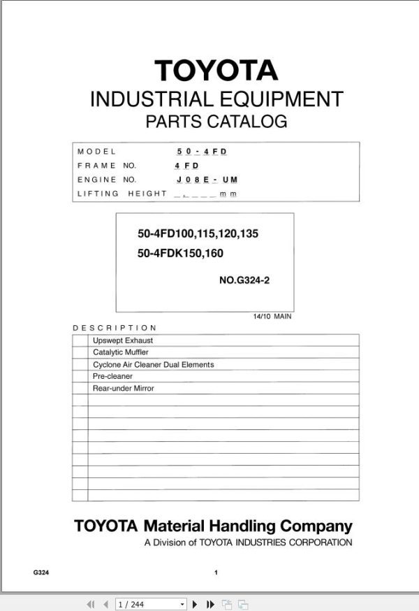 Toyota Forklift 50 4FD100 to 50 4FD135 50 4FDK150 50 4FDK160 Parts Catalog EN DE FR ES