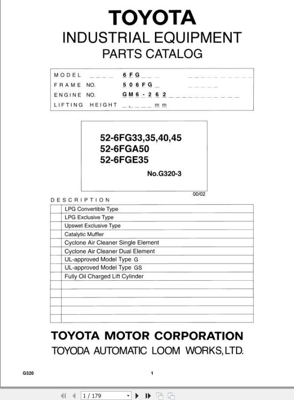 Toyota Forklift 52 6FG33 to 52 6FGE35 Parts Catalog EN DE FR ES