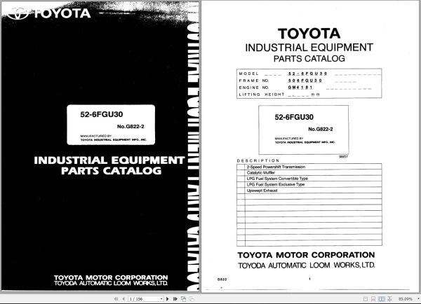 Toyota Forklift 52 6FGU30 Parts Catalog EN DE FR ES