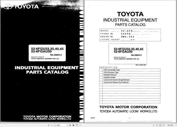 Toyota Forklift 52 6FGU33 to 52 6FGAU50 Parts Catalog EN DE FR ES