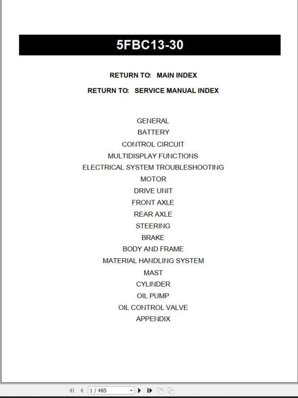 Toyota Forklift 5FBC13 to 5FBC30 Service Manual Parts Catalog