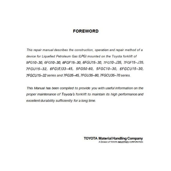 Toyota Forklift 5FG10 to 7FGCU70 Repair Manual