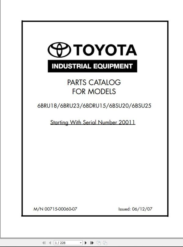 Toyota Forklift 6BRU18 6BRU23 6BDRU15 6BSU20 6BSU25 Service Manual Parts Catalog