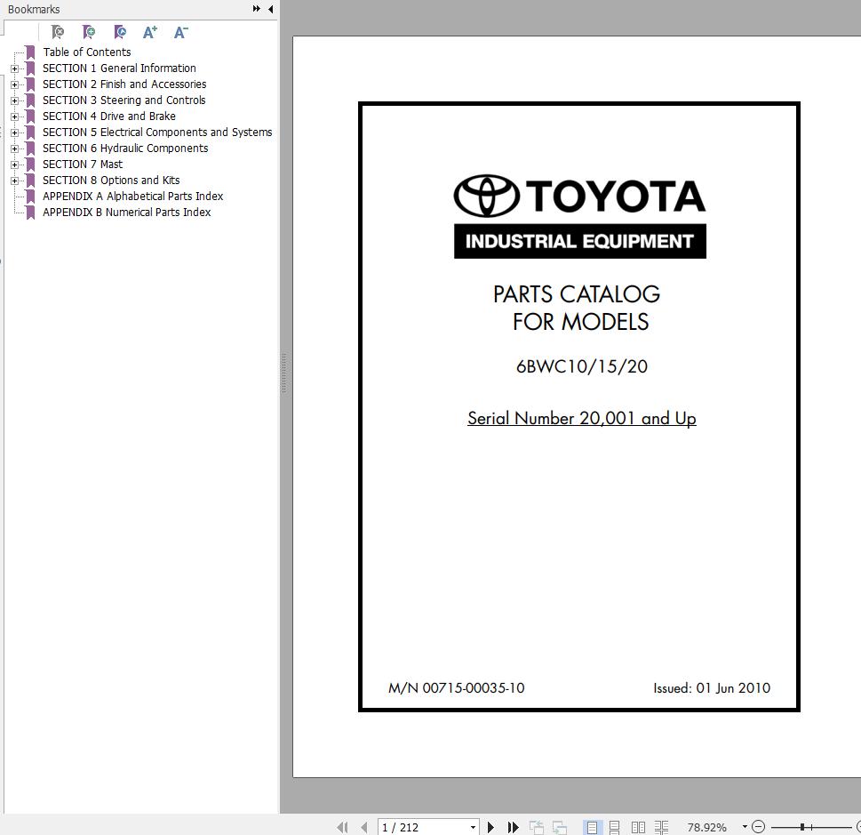 Toyota Forklift 6BWC10 6BWC15 6BWC20 Parts Catalog