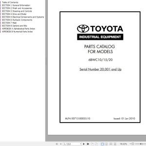 Toyota Forklift 6BWC10 to 6BWC20 6BWS11 to 6BWS20 6BWR15 Service Manual Parts Catalog