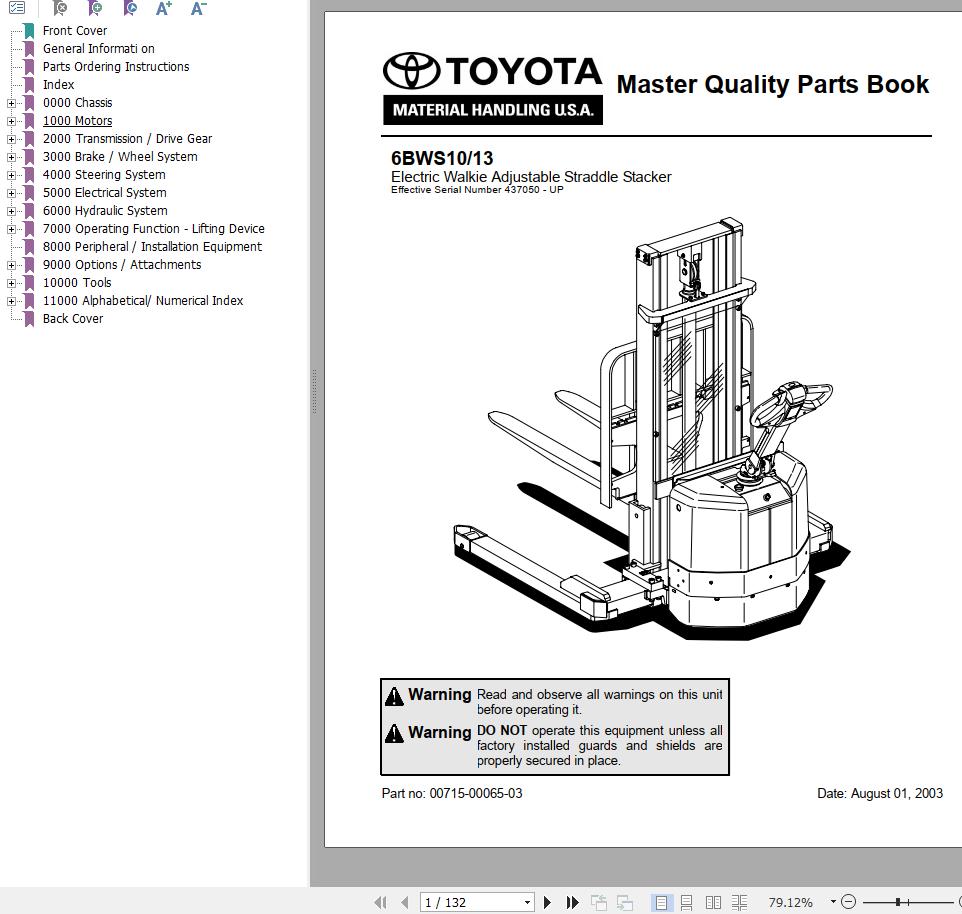 Toyota Forklift 6BWS10 6BWS13 Master Quality Parts Book