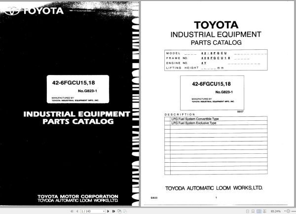 Toyota Forklift 6FGCU15 to 6FGCU30 Repair Manual Parts Catalog
