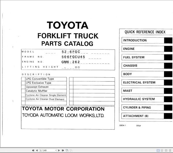 Toyota Forklift 6FGCU33 to 6FGCU45 Repair Manual Parts Catalog