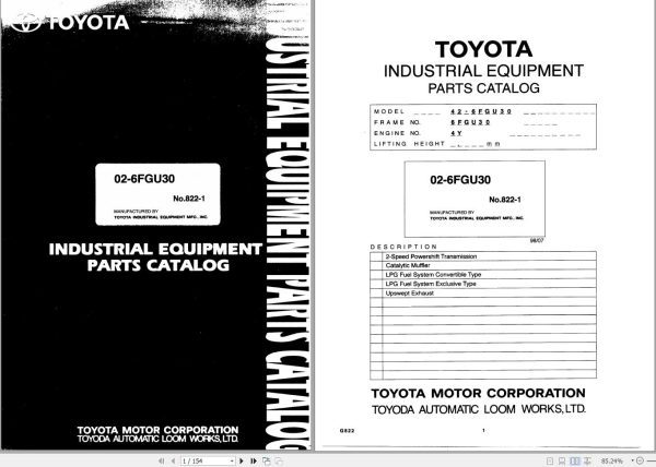 Toyota Forklift 6FGU15 to 6FGU30 6FDU15 to 6FDU30 Repair Manual Parts Catalog