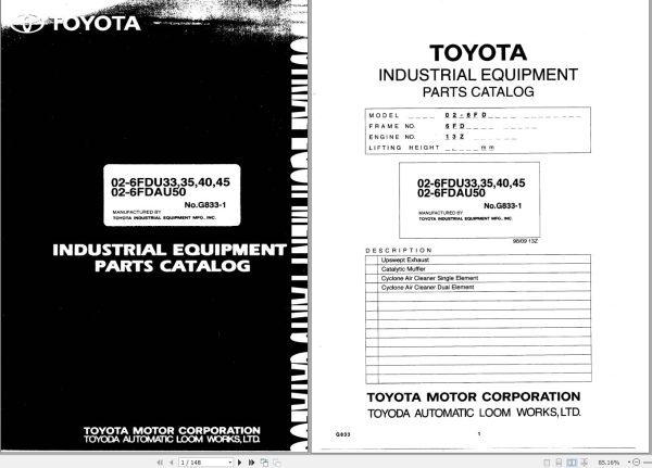 Toyota Forklift 6FGU33 to 6FGU45 6FDU33 to 6FDU45 6FGAU50 6FDAU50 Repair Manual Parts Catalog