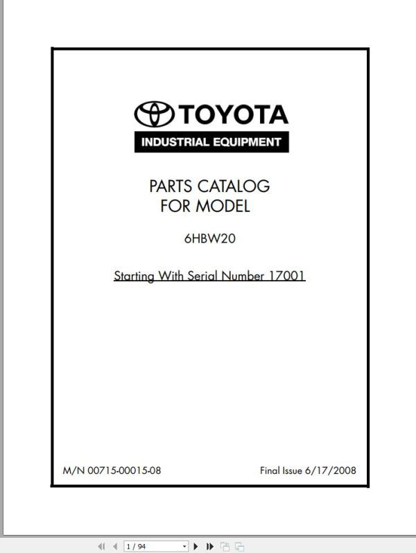 Toyota Forklift 6HBW20 Service Manual Parts Catalog