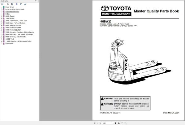 Toyota Forklift 6HBW23 Service Manual Parts Book