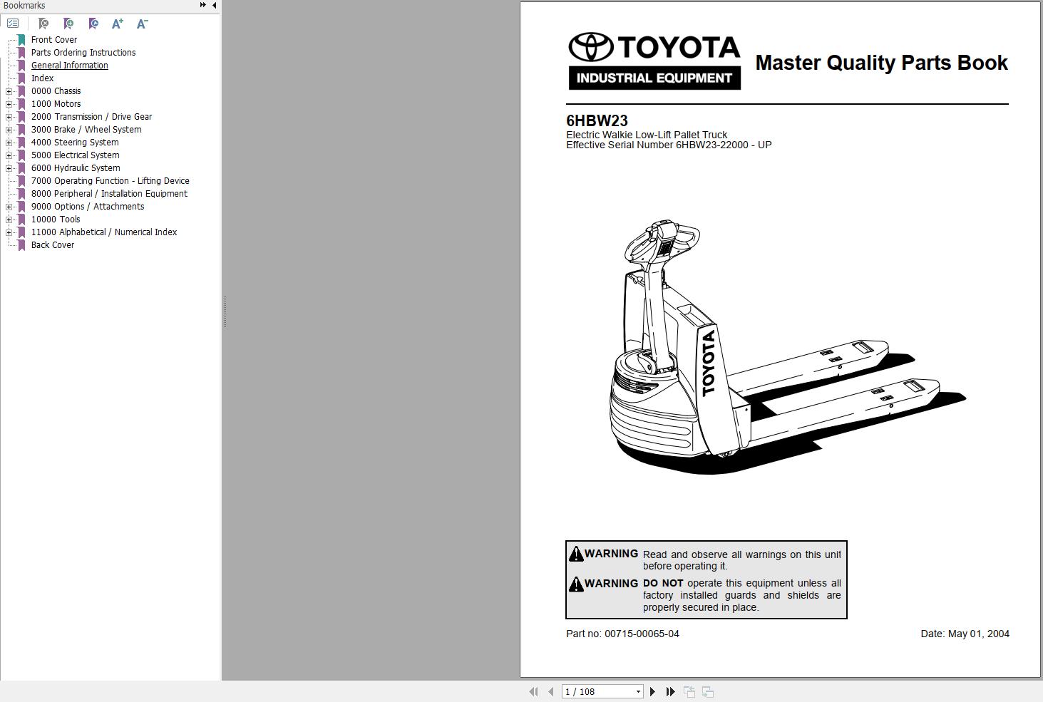 Toyota Forklift 6HBW23 Service Manual Parts Book